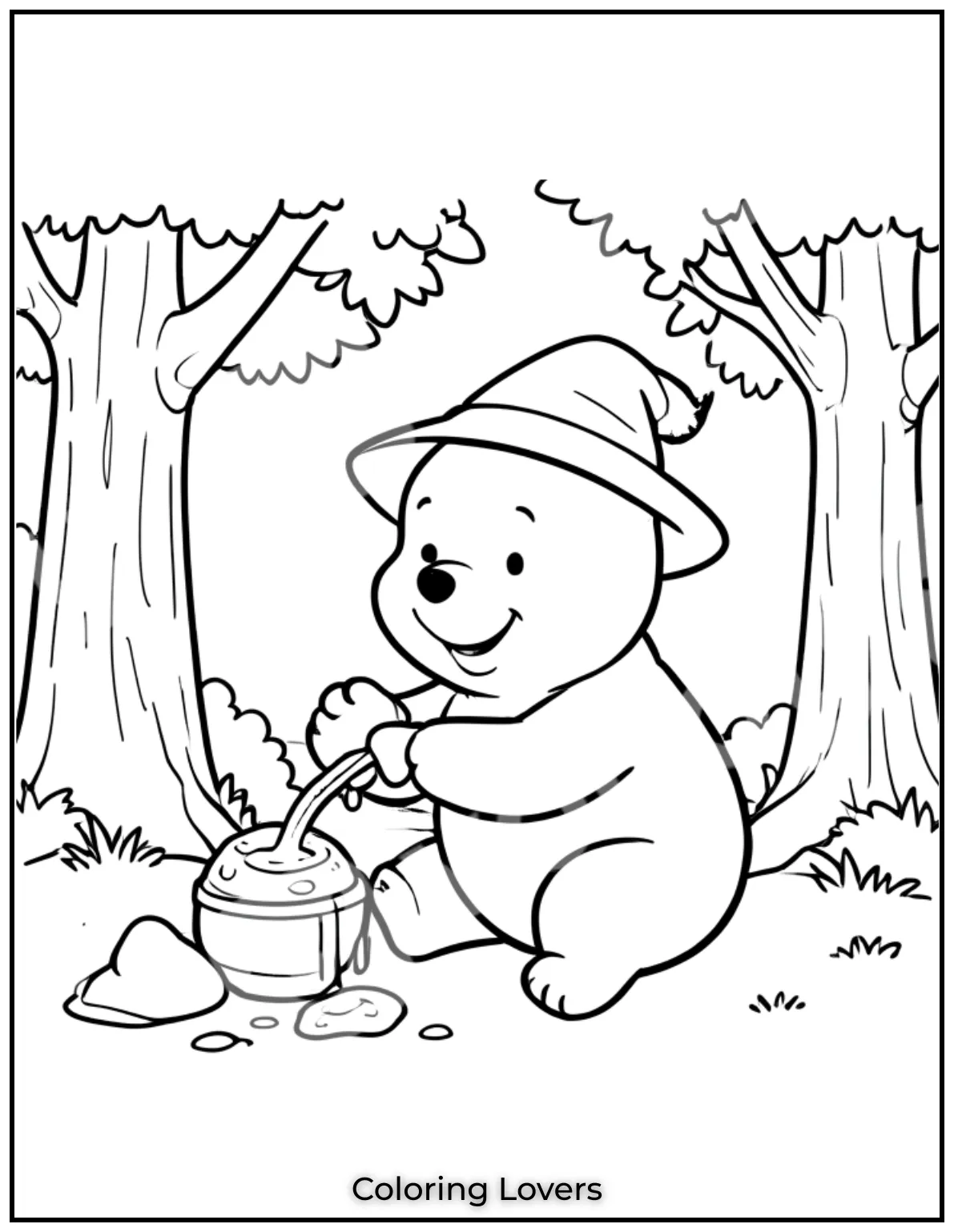 Winnie the Pooh enjoys his favorite treat a big jar of honey while sitting happily in the Hundred Acre Wood
