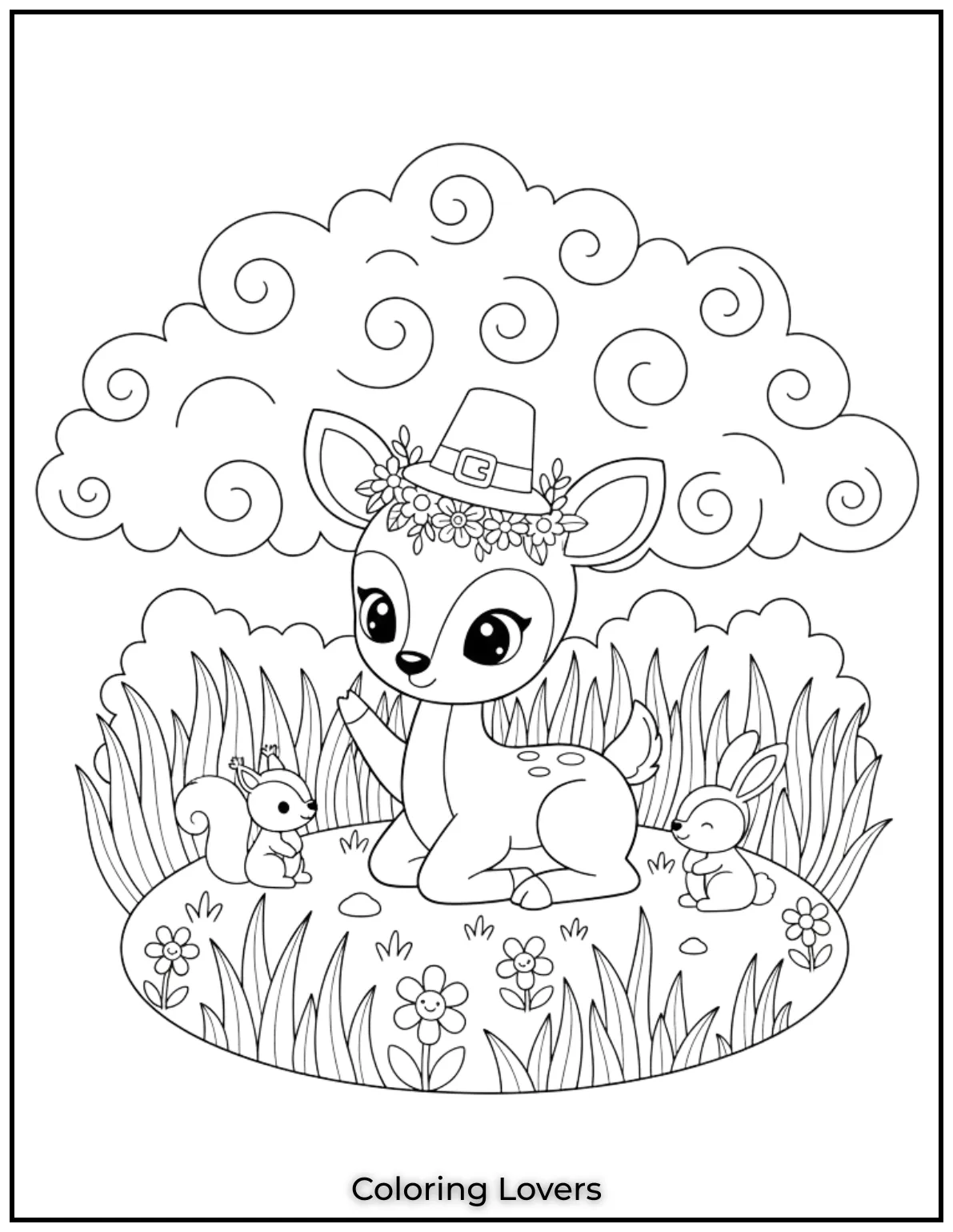 With curly clouds above and tall grass below this gentle deer looks like shes telling a story