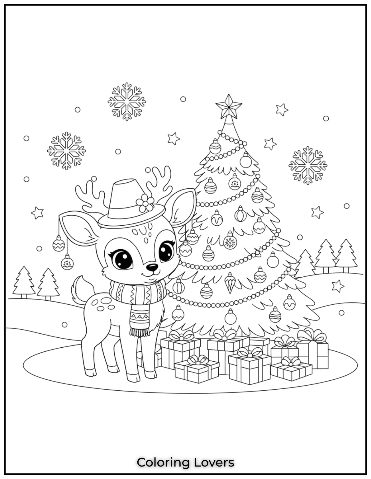 With ornaments and a scarf this baby deer waits by the christmas tree. The holiday charm just jumps off the page