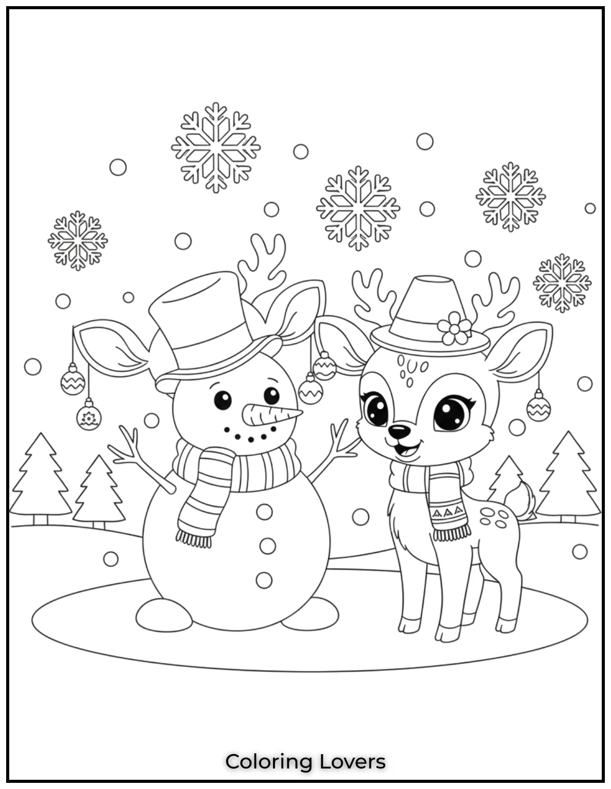 Wrapped in a scarf this young deer stands near a snowman and snowflakes. One of our frostiest deer coloring pages ever