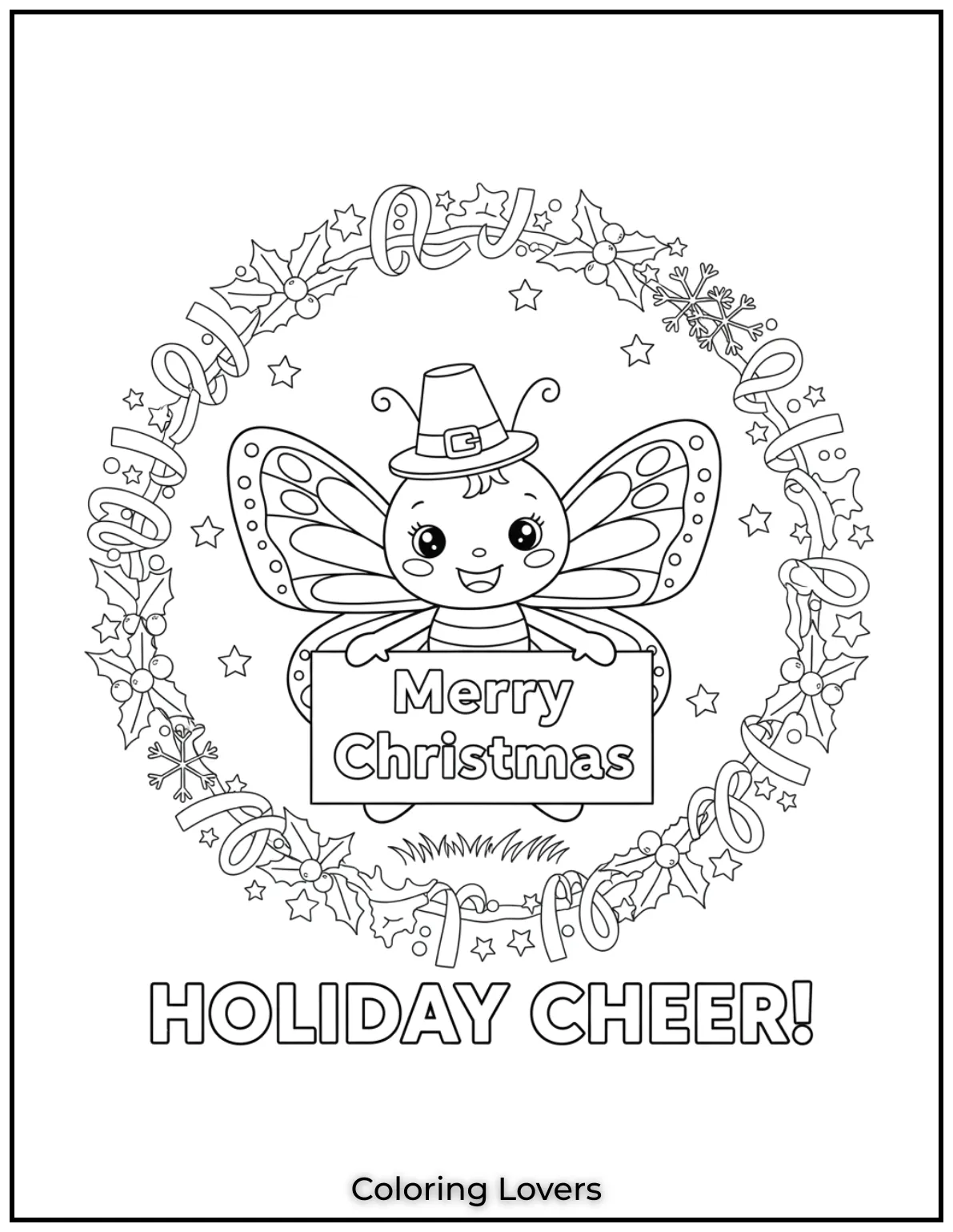 A cheerful butterfly holding a ‘Merry Christmas‘ sign.
