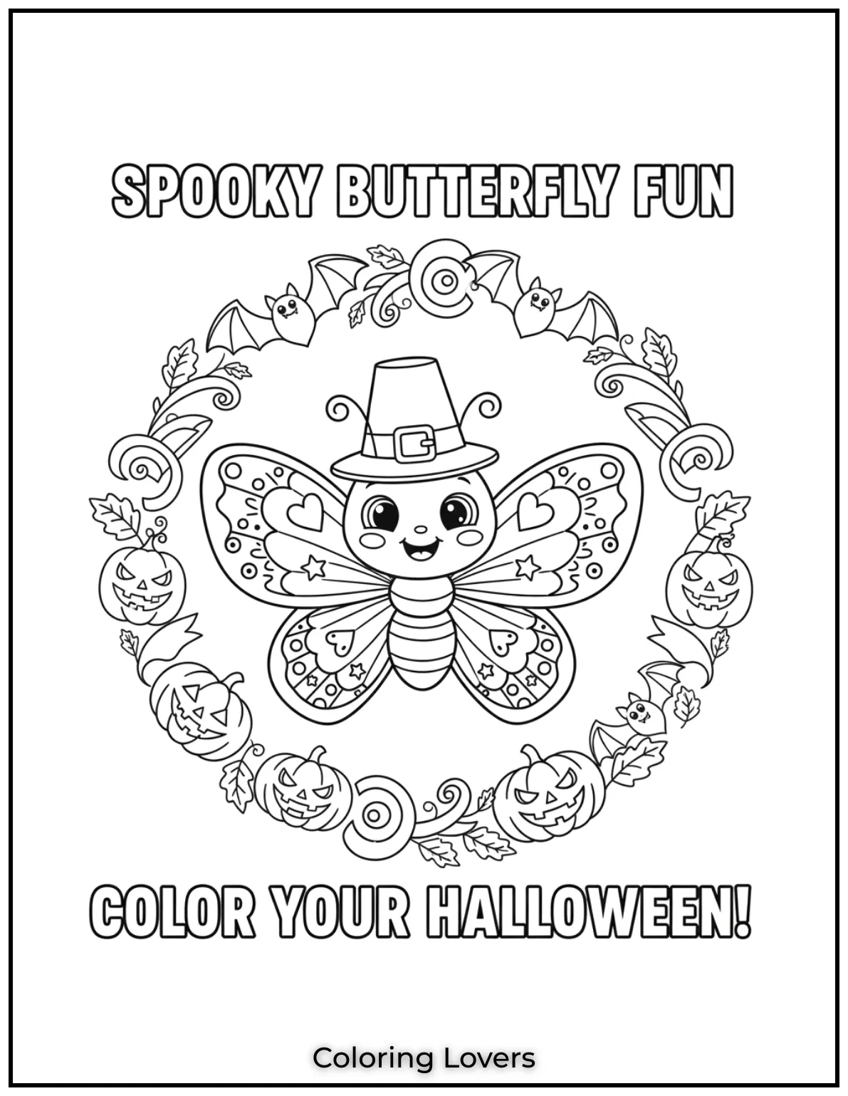 A spooky butterfly with bats and pumpkins coloring sheet.