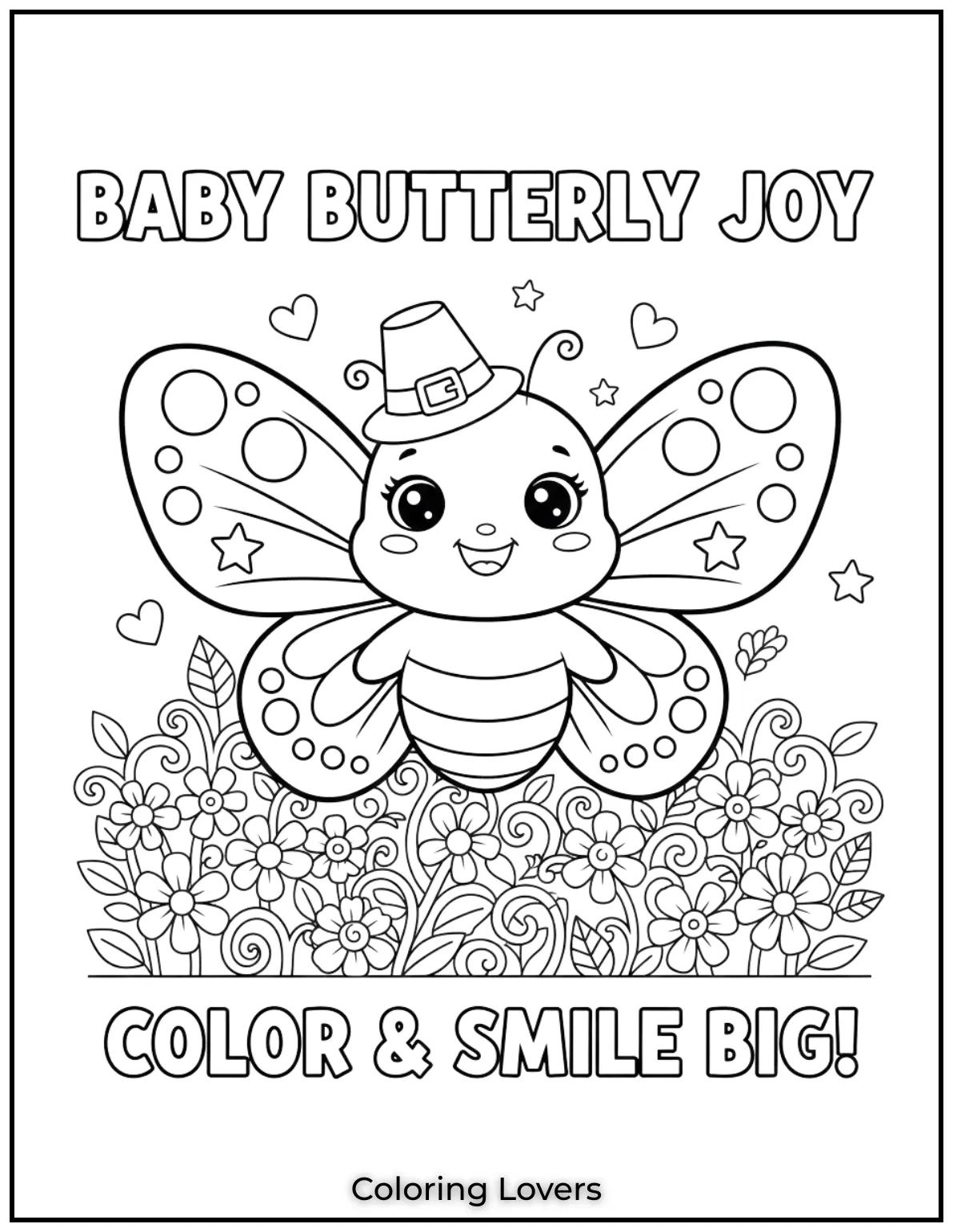 This cheerful baby butterfly with a big smile coloring page