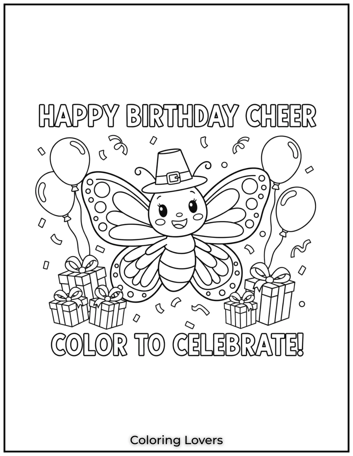 This smiling butterfly with balloons and gifts spreads birthday cheer. 