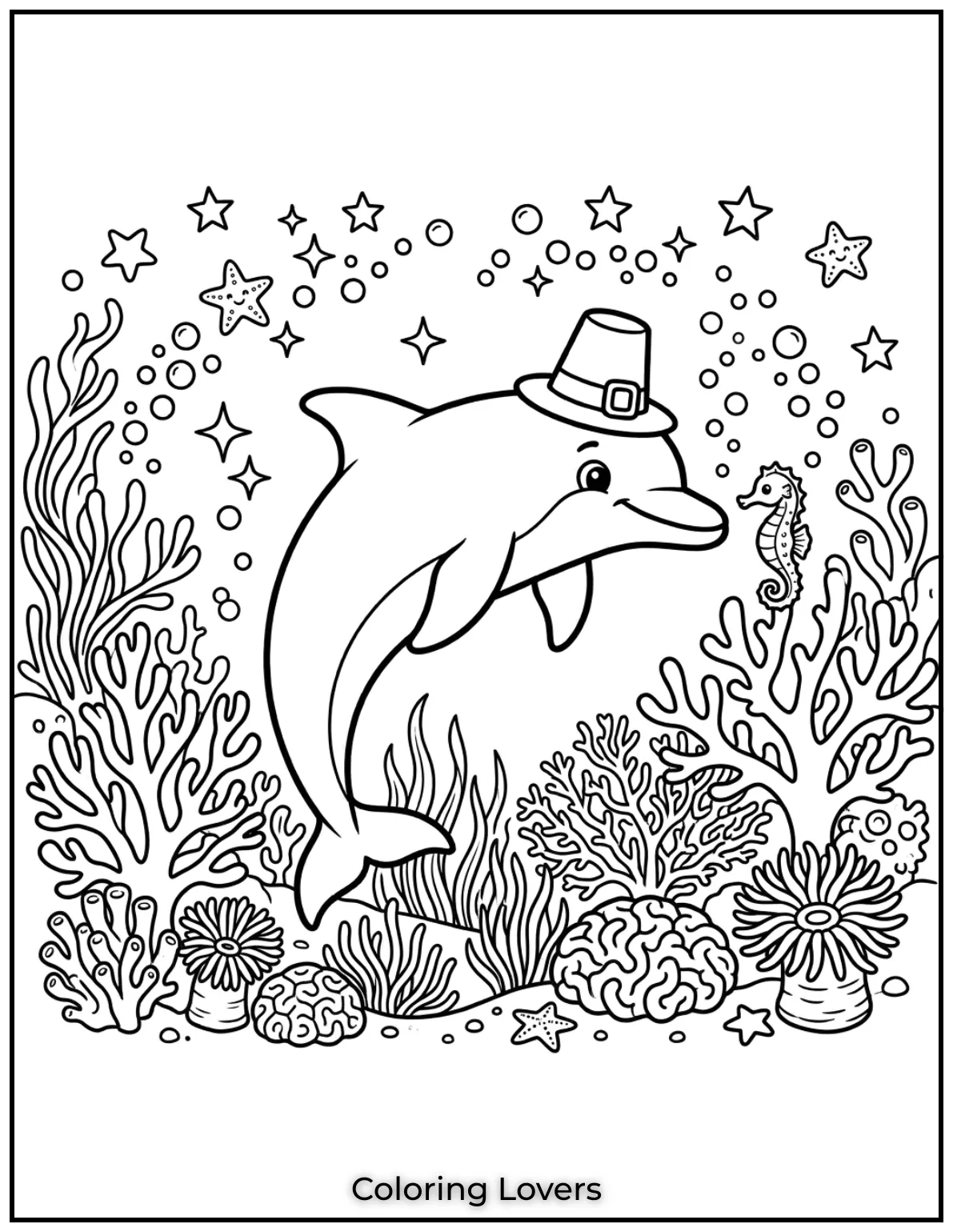 Cute and Easy Dolphin Coloring Pages 8 A baby dolphin greets a tiny seahorse in an underwater garden.