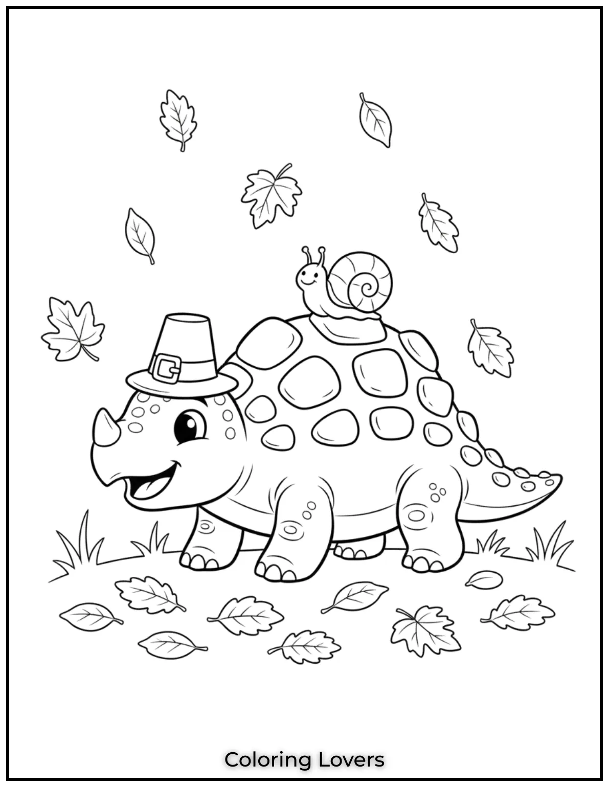 A cheerful ankylosaurus crawls among falling leaves coloring pages