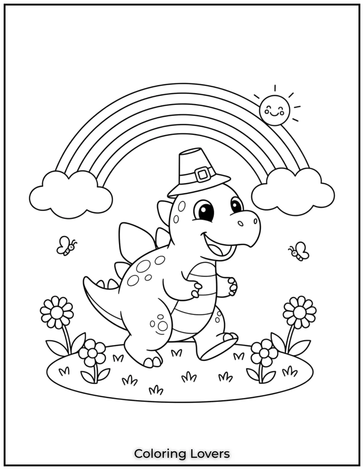 A cheerful stegosaurus under a rainbow adds magic to coloring time.