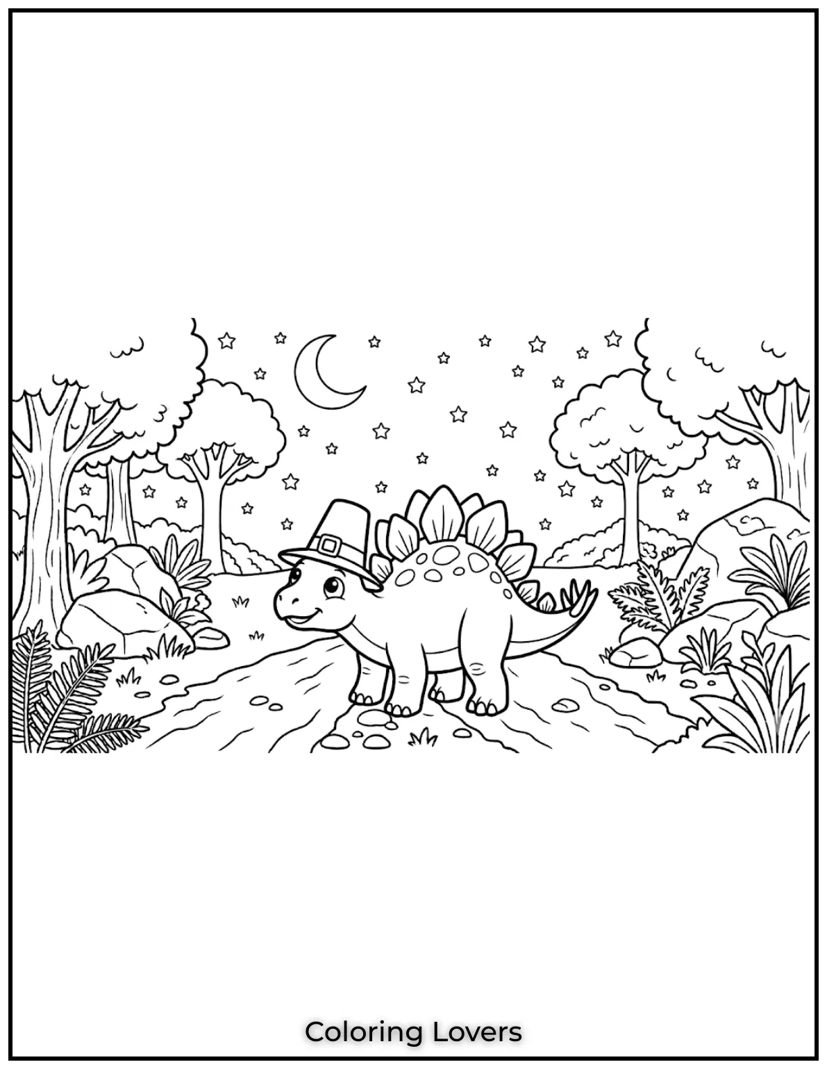 A cute Stegosaurus under a starry sky brings smiles to coloring time. 
