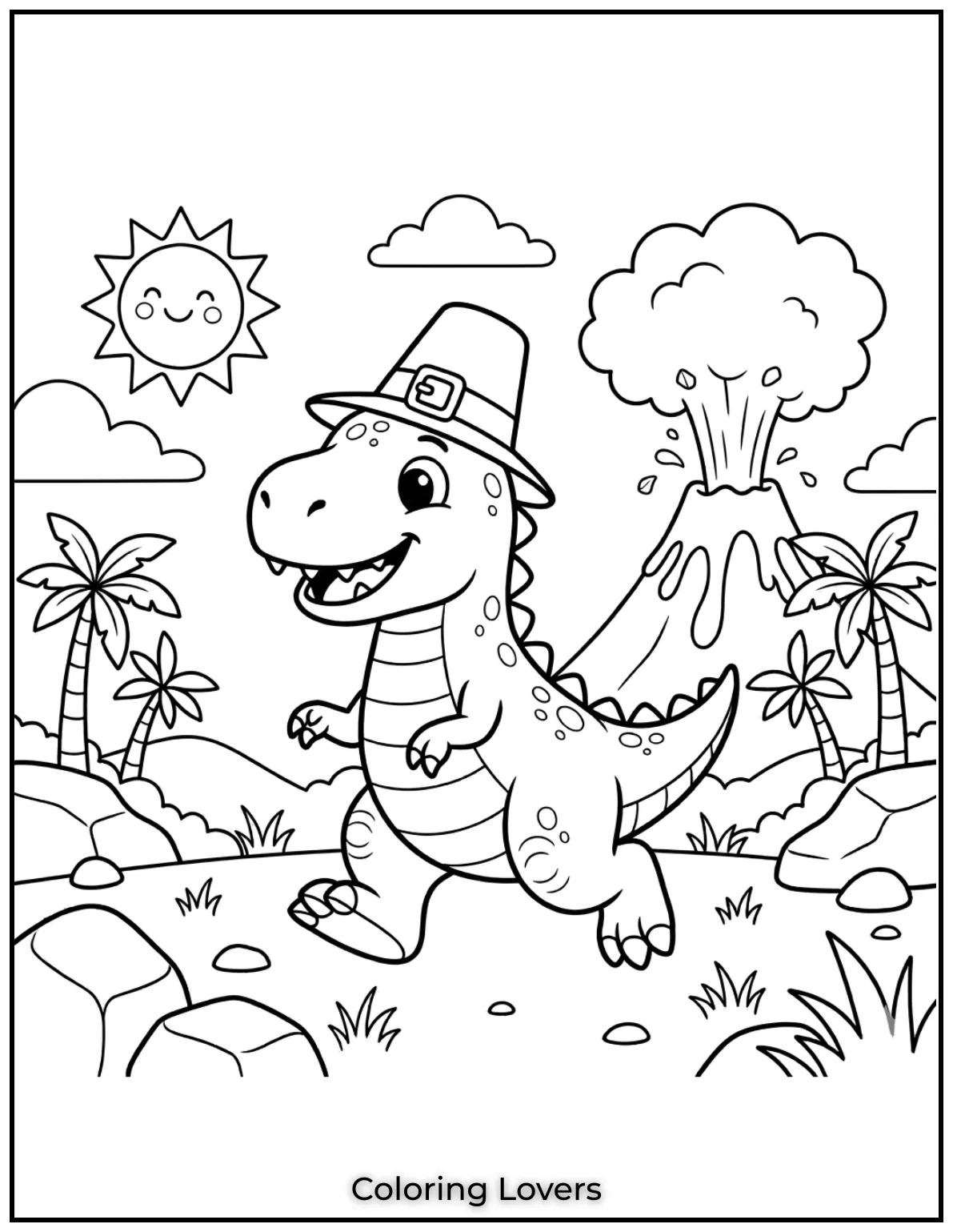 A cute cartoon-style T-Rex stands under a clear sky.