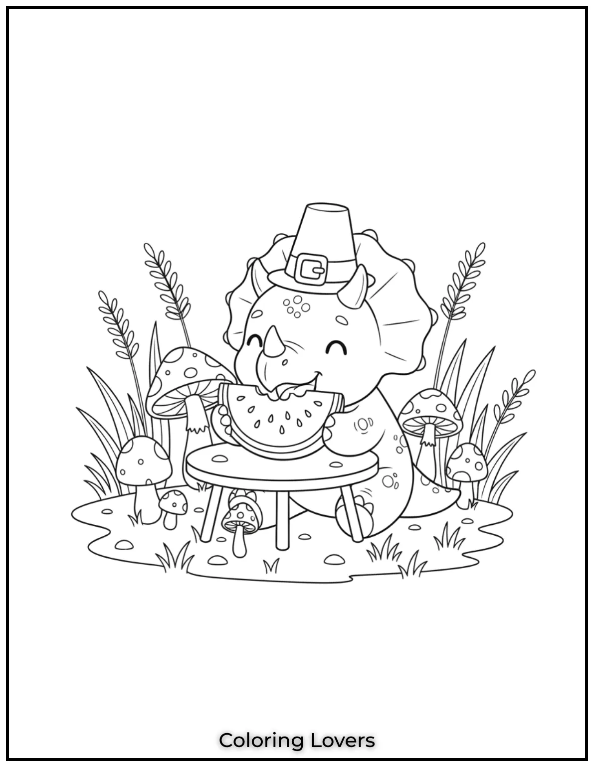 A cute triceratops enjoys juicy watermelon at a tiny picnic table.
