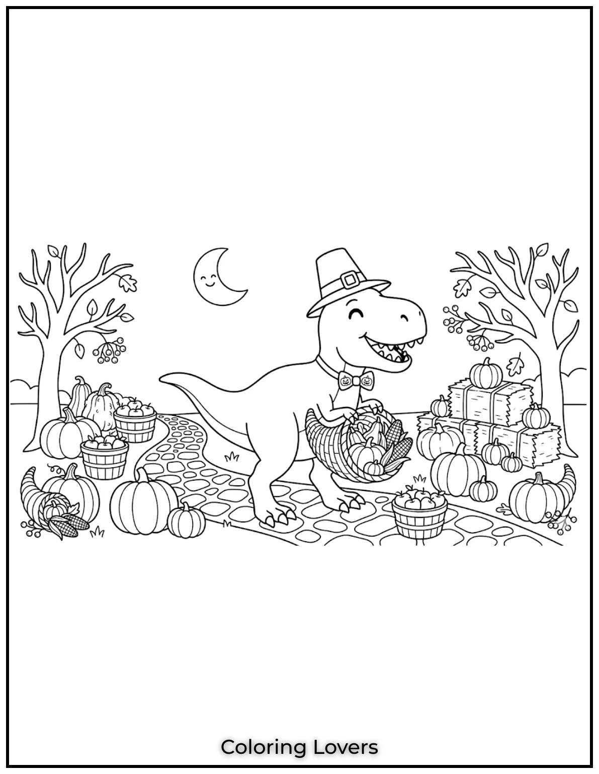 A dino joins the autumn harvest with pumpkins all around.