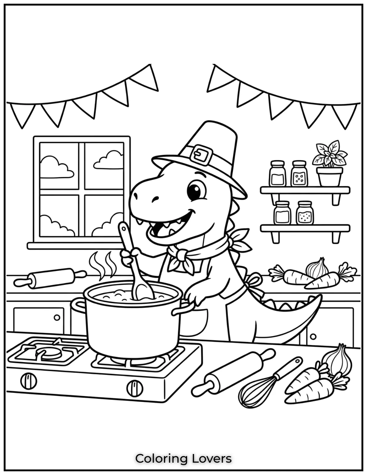 A dinosaur chef stirs a pot in the kitchen coloring pages