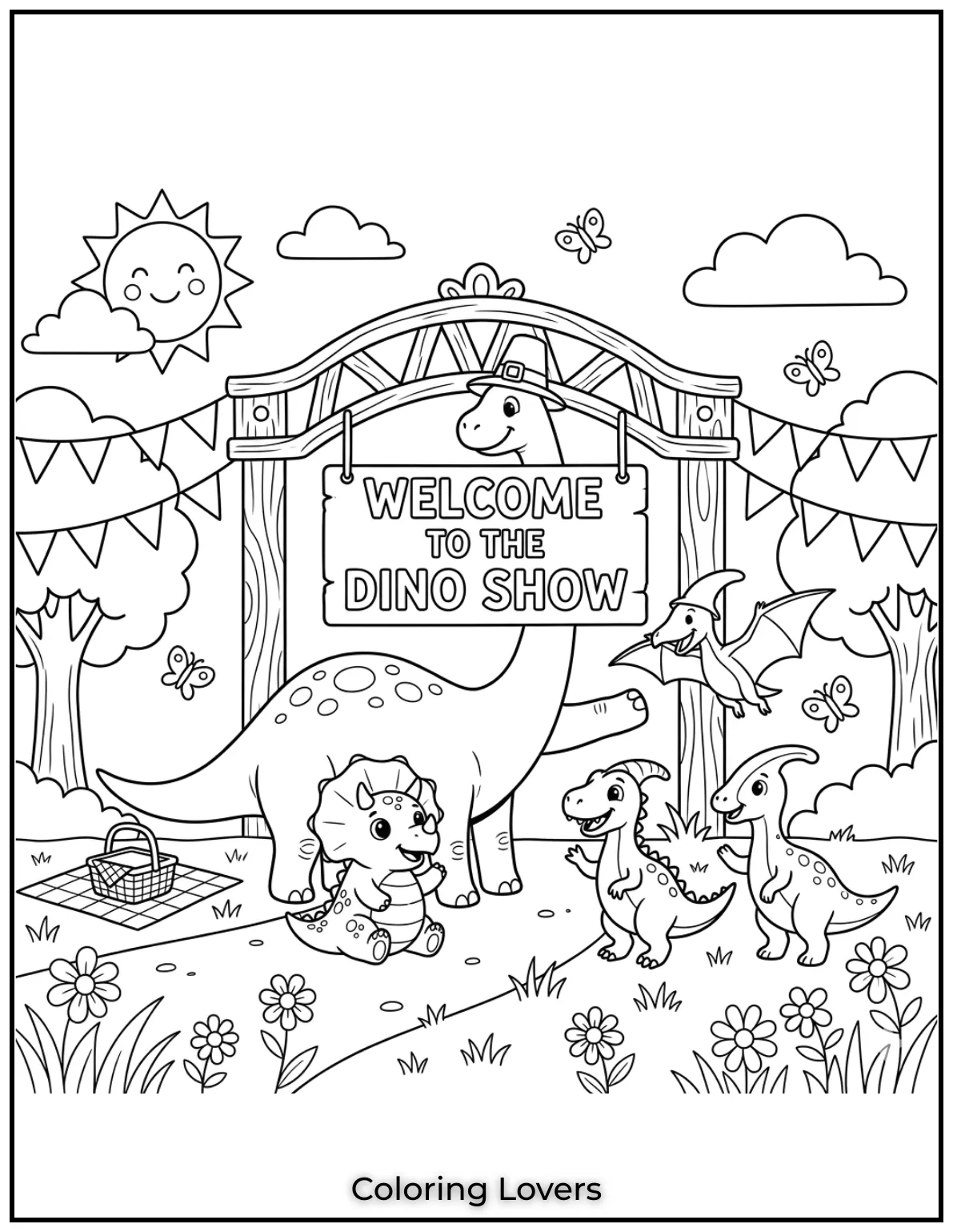 A dinosaur welcomes everyone to the “Dino Show” with little friends beside