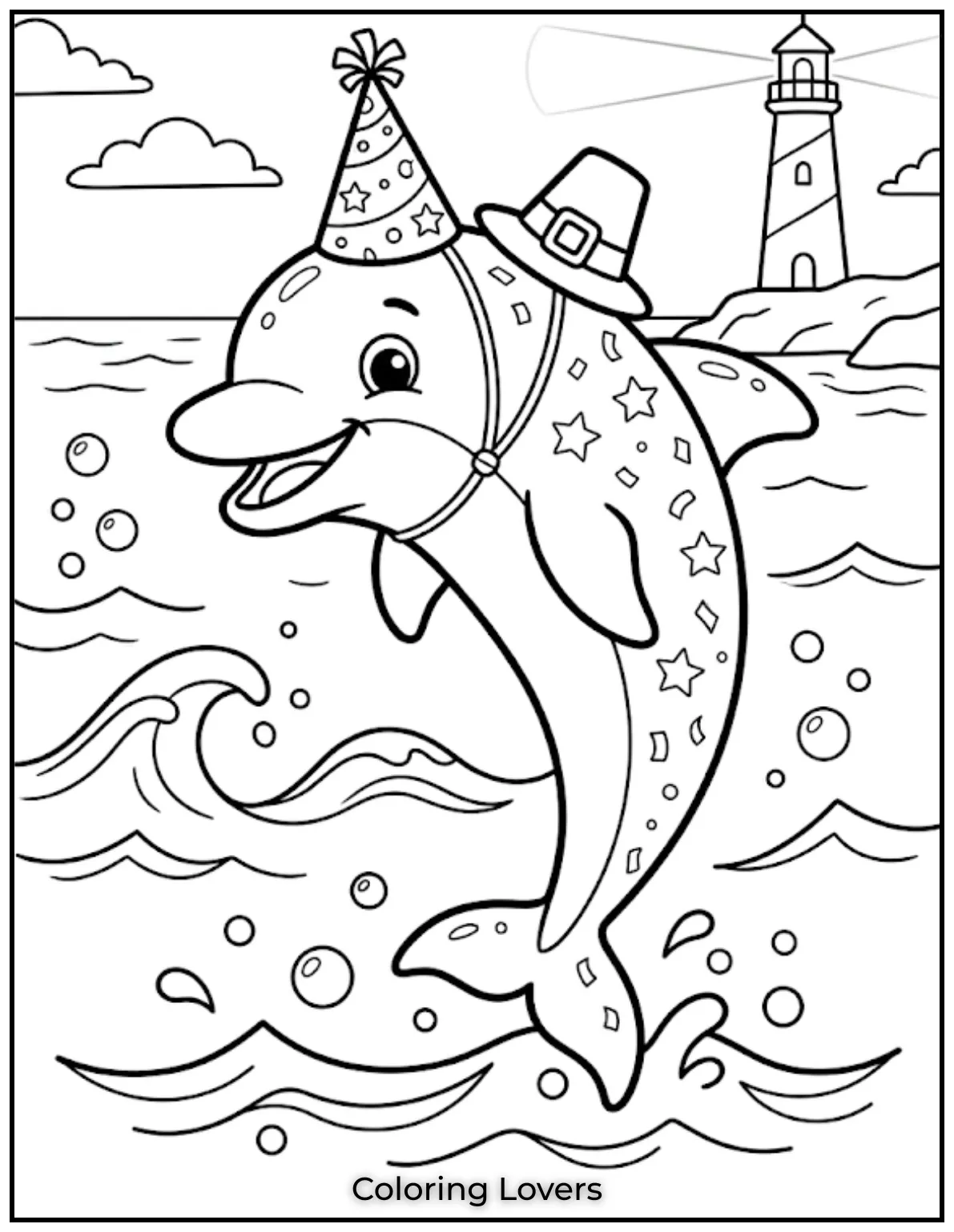 Cute and Easy Dolphin Coloring Pages 23 A dolphin plays joyfully in the ocean, with a distant lighthouse guiding the way.