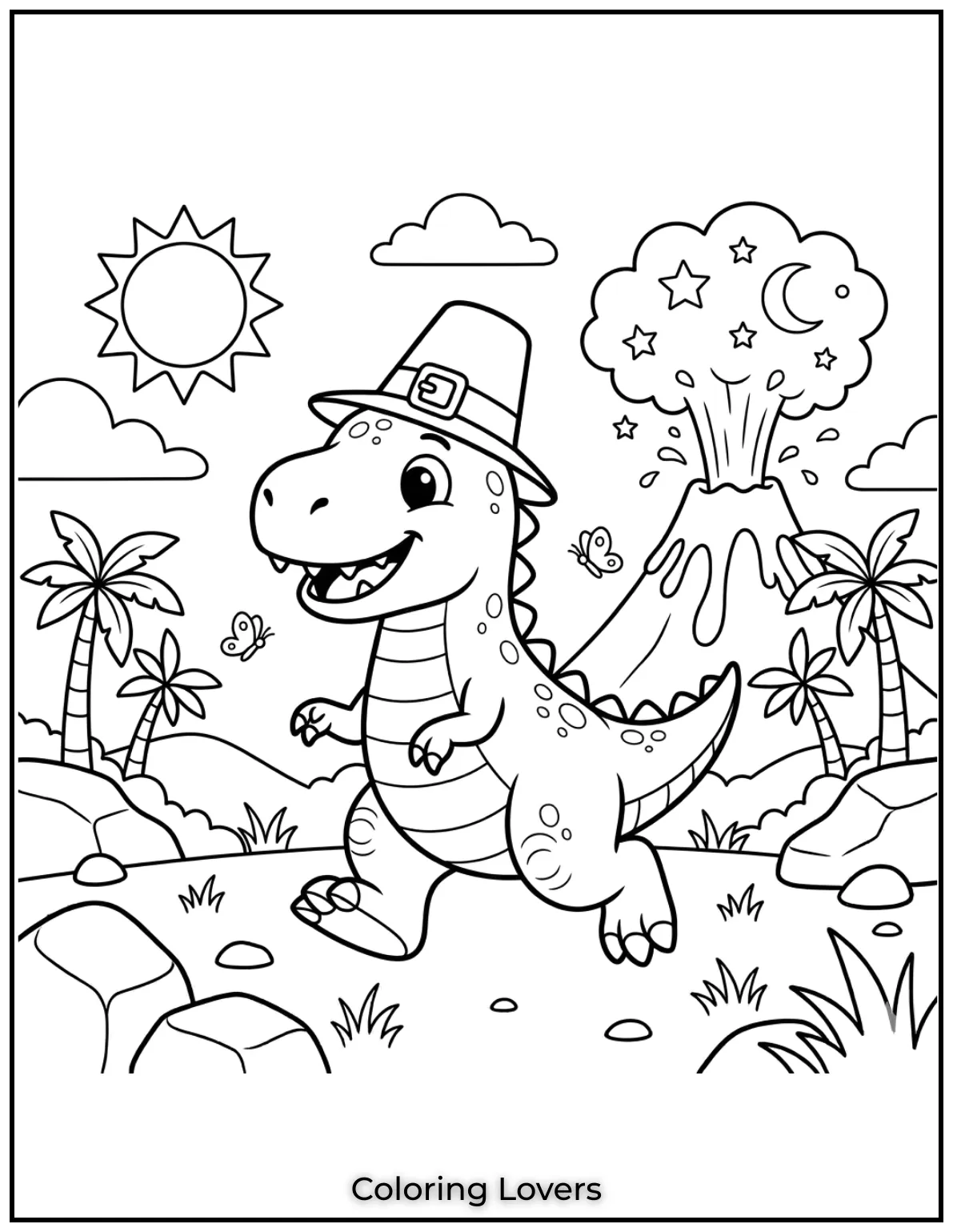 A fierce T-Rex dashes past an active volcano