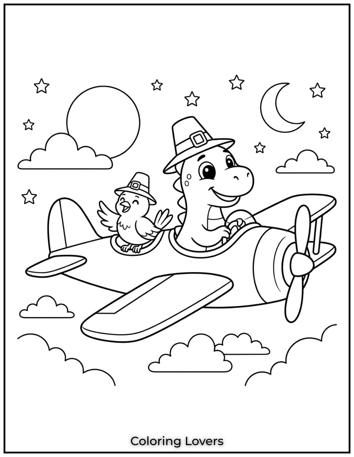 A flying dinosaur pilots an airplane with a bird companion under the clouds.