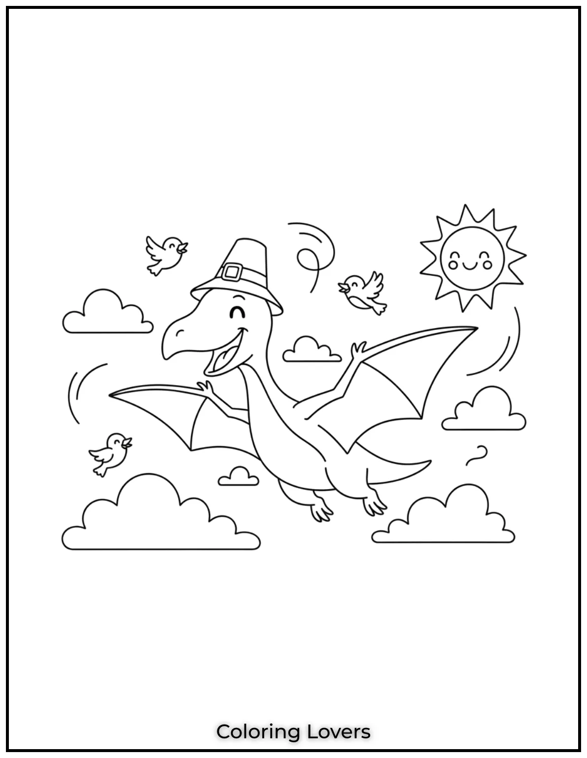 A flying dinosaur soars high between clouds in this joyful image coloring pages!