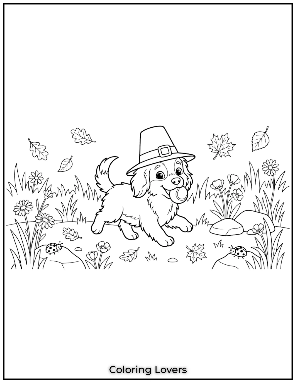 A fun coloring page for kids featuring a fluffy puppy joyfully 