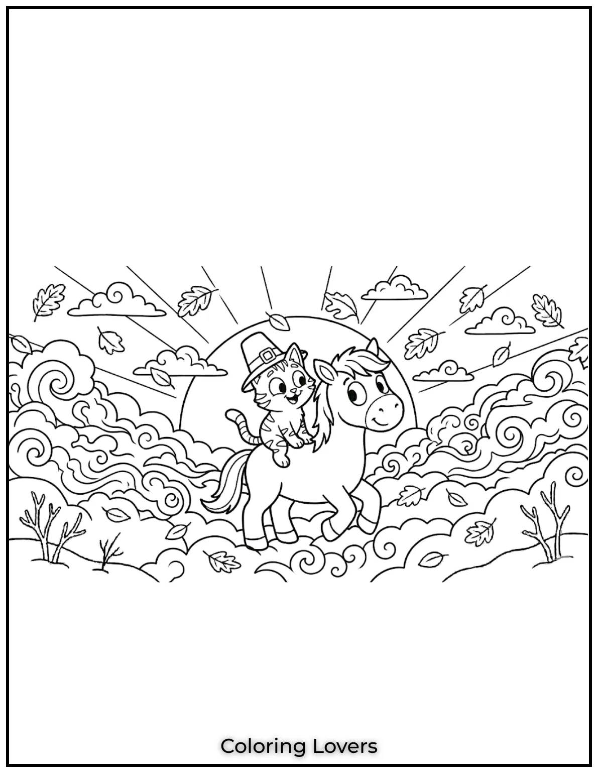 Beautiful Coloring Pages of Horses for Kids and Adults 14 A graceful horse gallops across fluffy clouds in the sky.