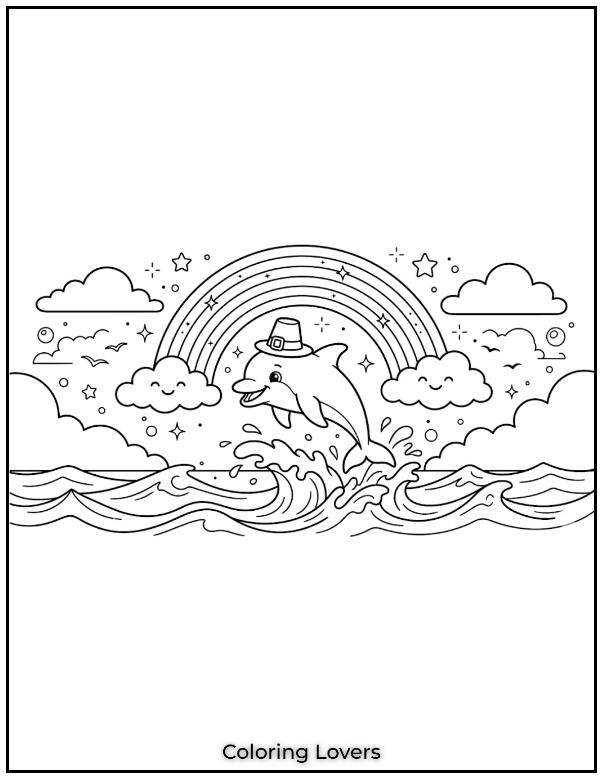 Cute and Easy Dolphin Coloring Pages 3 A happy baby dolphin leaps from the waves beneath a rainbow.