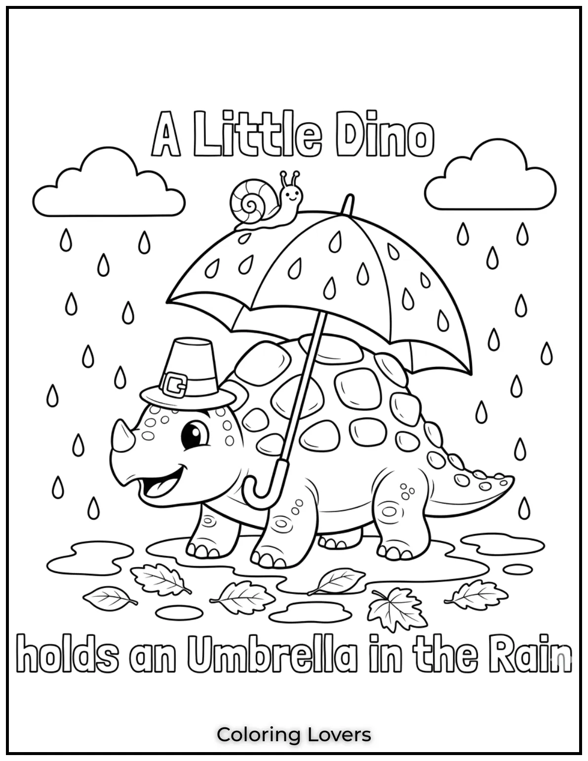 A little dinosaur holds an umbrella in the rain, joined by a snail
