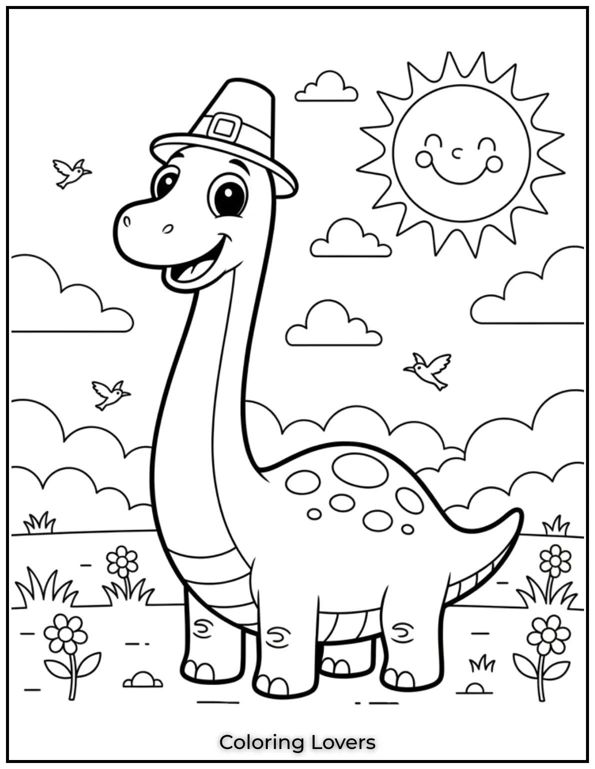 A long-neck dinosaur smiles under the sky, welcoming young artists