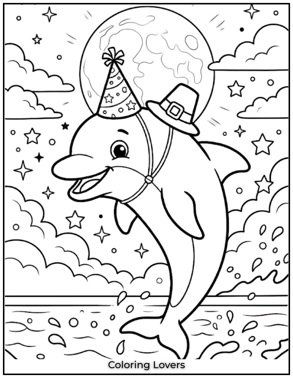 Cute and Easy Dolphin Coloring Pages 26 A magical dolphin leaps under the stars.This printable dolphin coloring page is ideal for a calming activity.