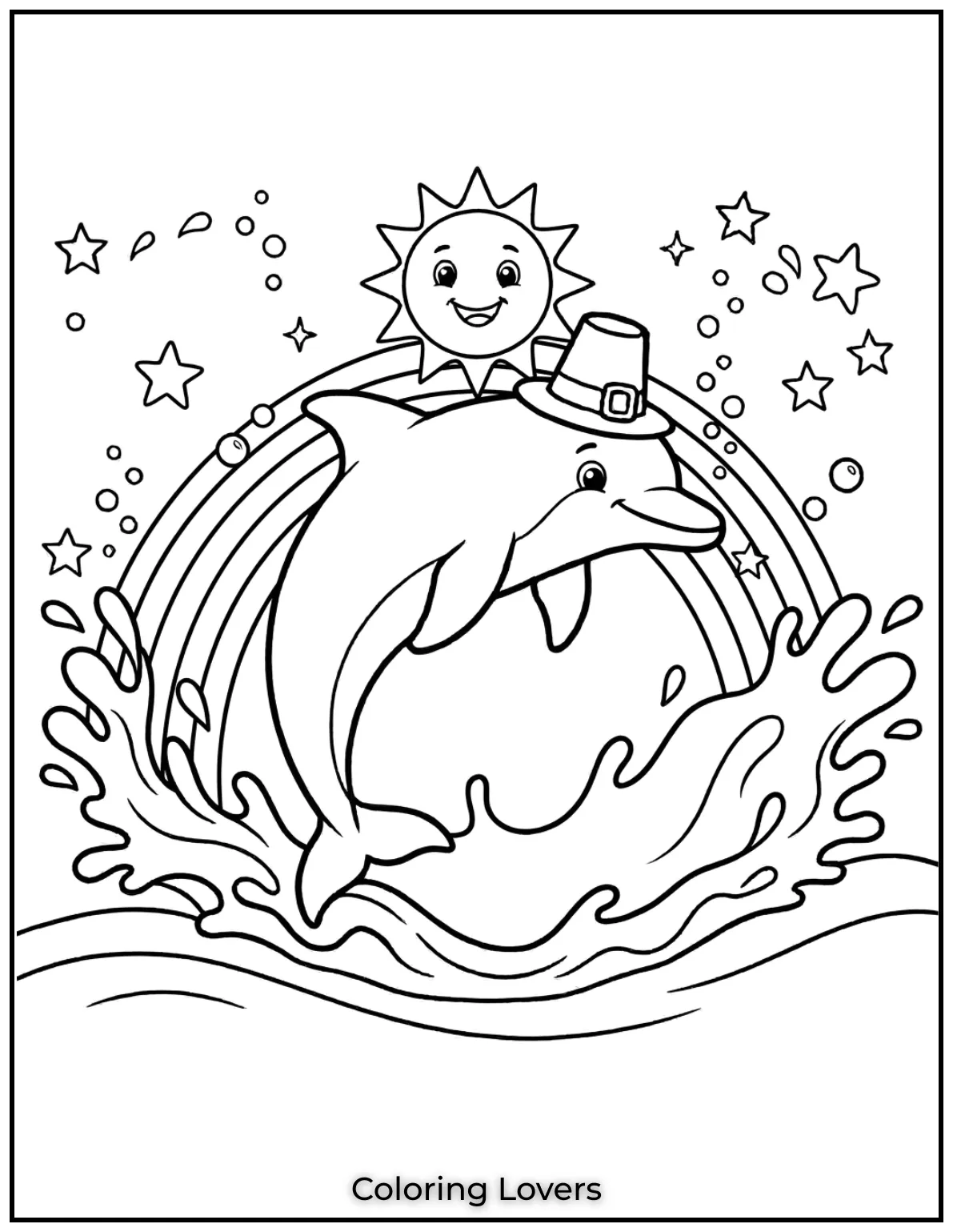 Cute and Easy Dolphin Coloring Pages 17 A playful dolphin jumps in front of a beautiful rainbow.