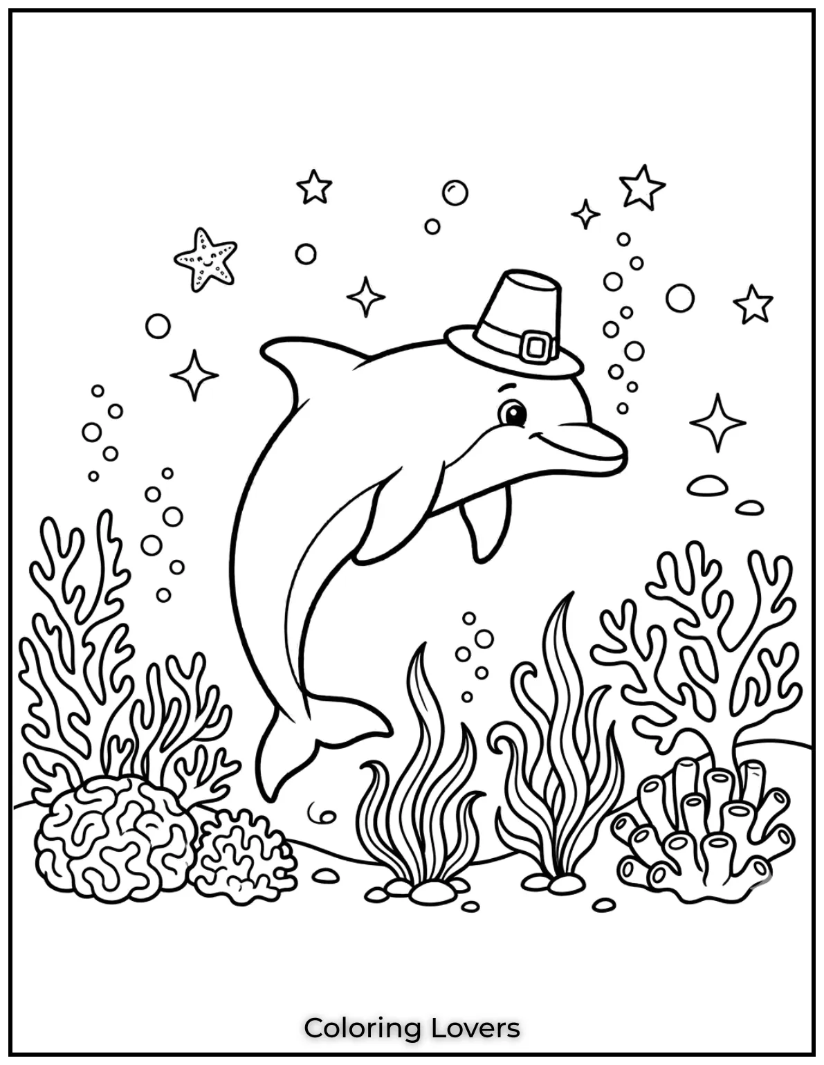 Cute and Easy Dolphin Coloring Pages 10 A playful dolphin swims peacefully among the sea plants.