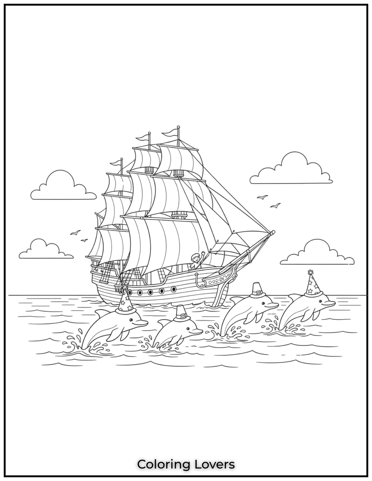 Cute and Easy Dolphin Coloring Pages 20 A pod of dolphins swims gracefully alongside a ship printable pdf sheet