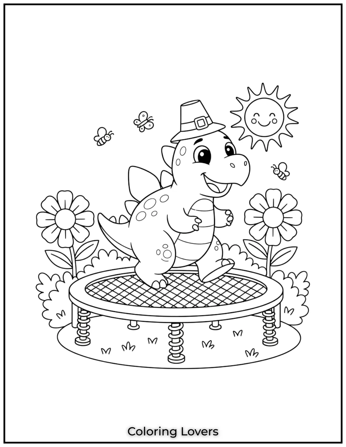 A spiky little stegosaurus bounces happily on a trampoline in a garden