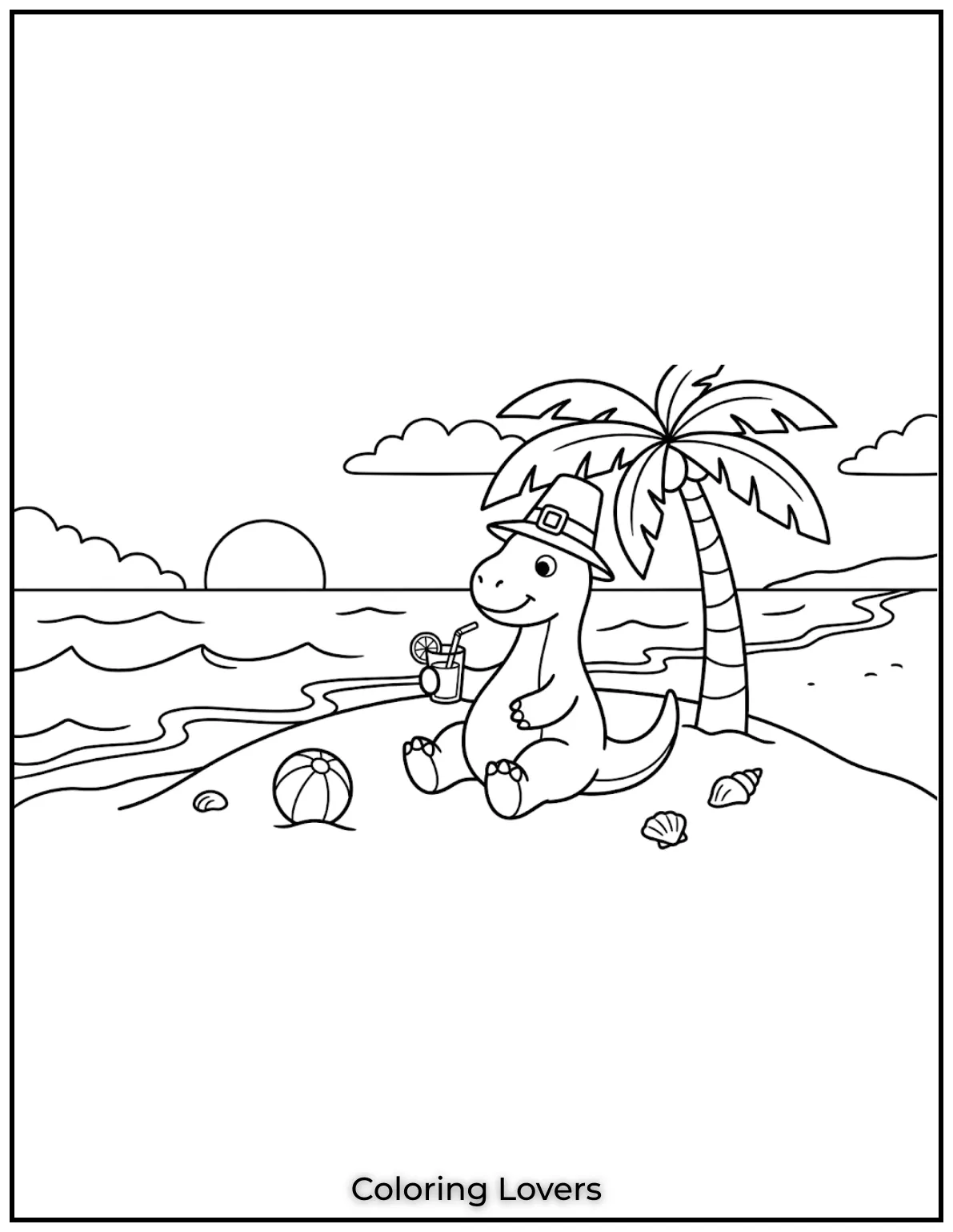 A sunny beach scene where a dinosaur enjoys juice under a palm tree.
