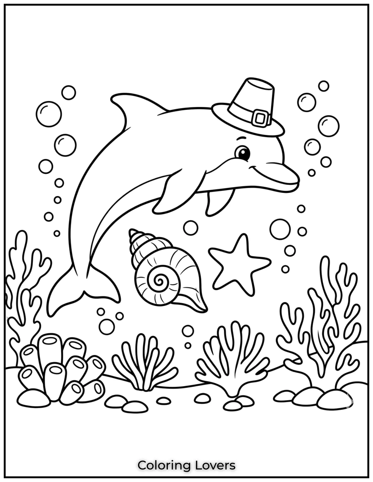 Cute and Easy Dolphin Coloring Pages 5 A sweet dolphin circles a shell and starfish among bubbles coloring page