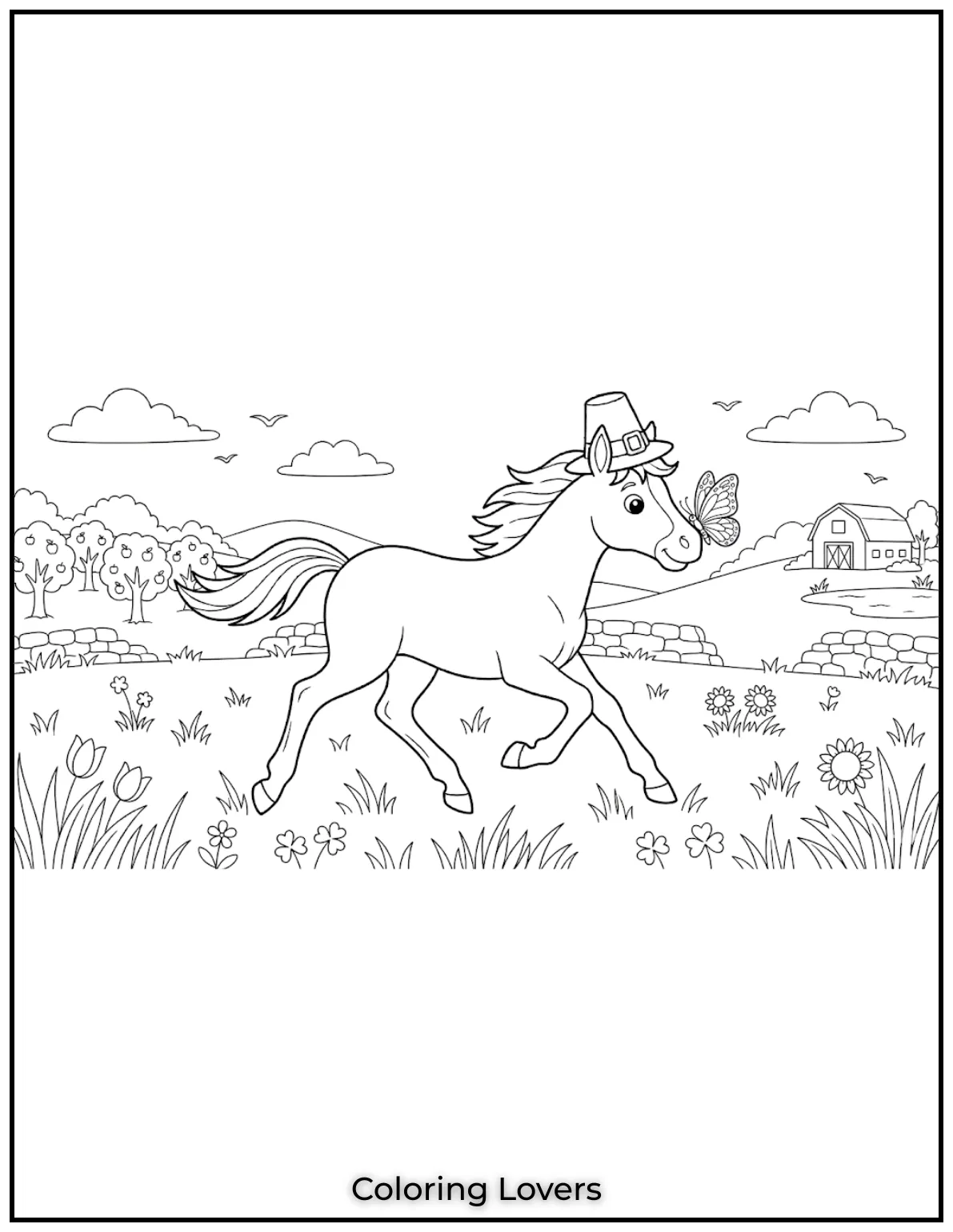 Beautiful Coloring Pages of Horses for Kids and Adults 24 A sweet moment where a butterfly rests gently on the foal’s nose. A perfect scene for a coloring page