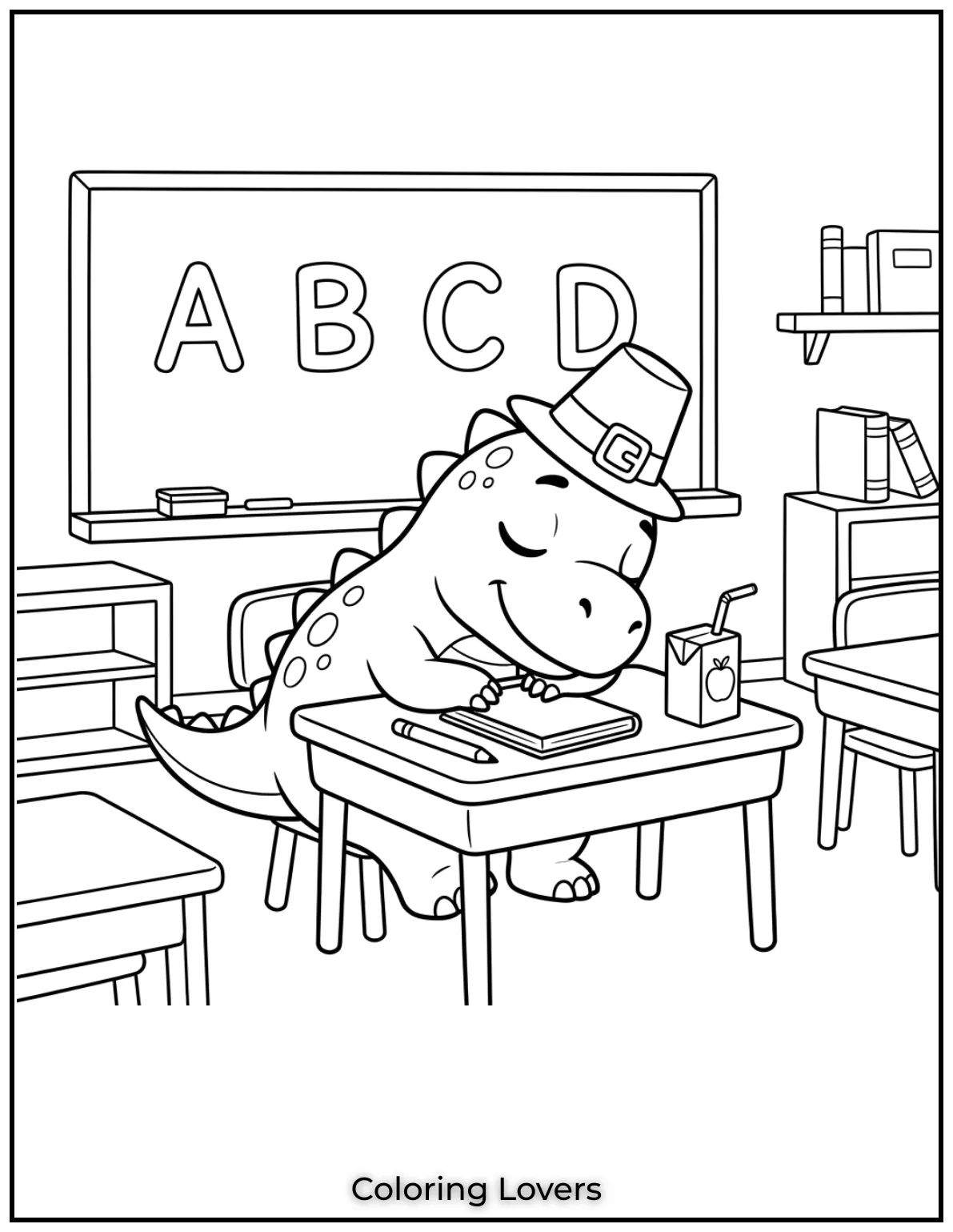 A tired dinosaur naps on a school desk fun sheet