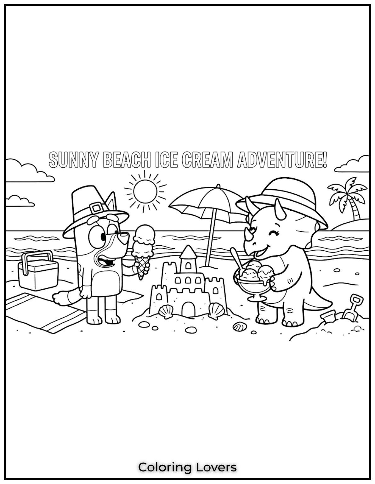 Bluey and a happy dinosaur share ice cream by the beach.