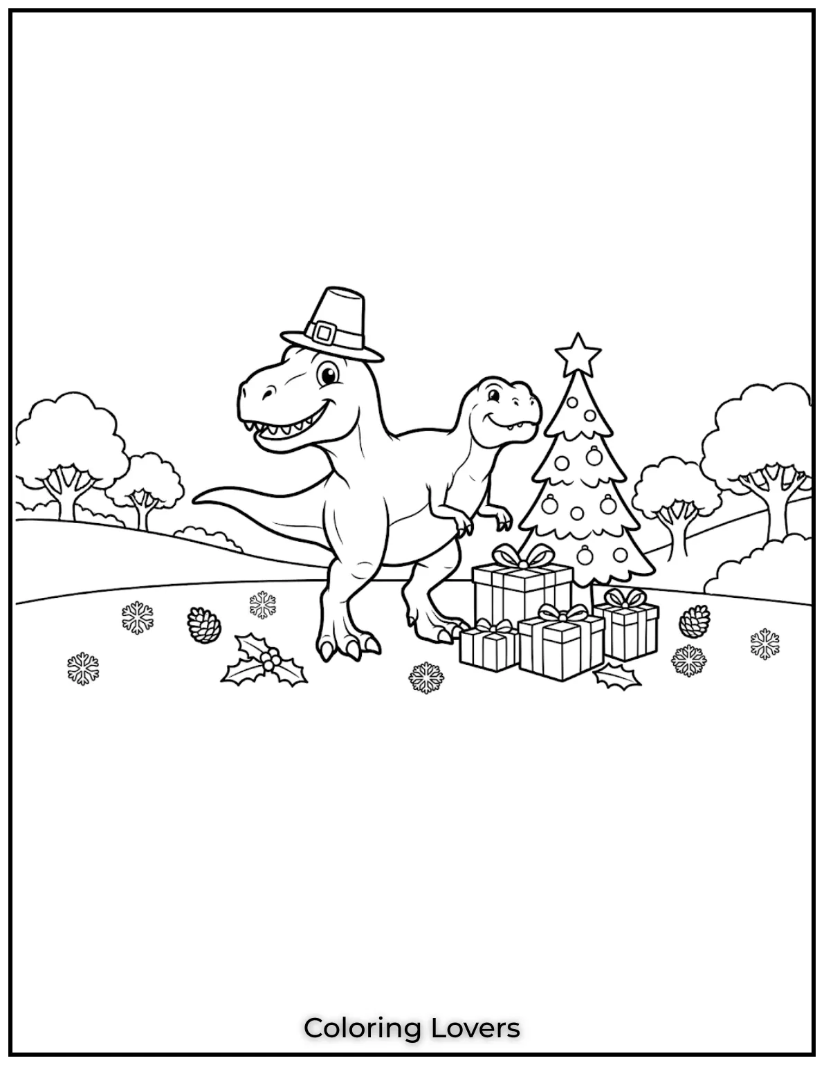 Celebrate the holidays with this festive dinosaur surrounded by presents and winter cheer. 