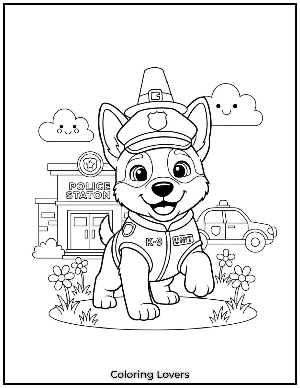 Cheerful police dog puppy dressed in uniform cute pdf coloring sheet