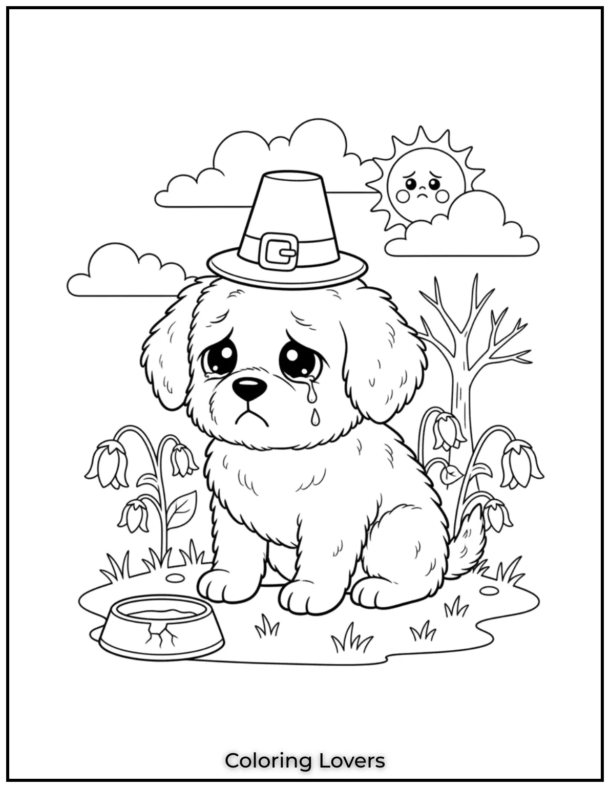 Coloring page of a sad, fluffy puppy sitting..