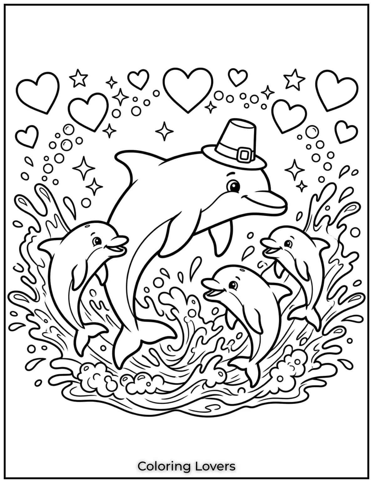 Cute and Easy Dolphin Coloring Pages 7 Four dolphins splash with love under hearts and stars. A joyful family moment filled with play.
