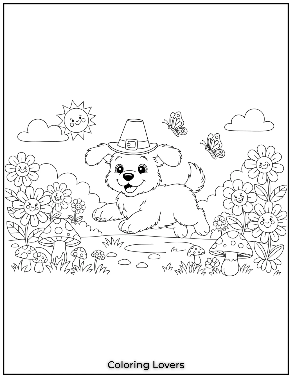 Happy puppy chasing butterflies in the garden.