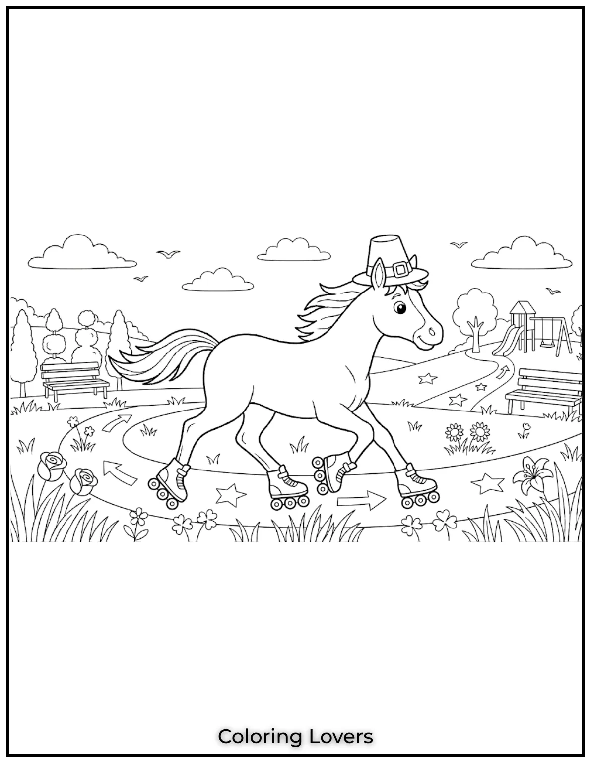 Beautiful Coloring Pages of Horses for Kids and Adults 26 How cool is this foal on roller skates? This fun scene is sure to bring out some big smiles cute coloring pages
