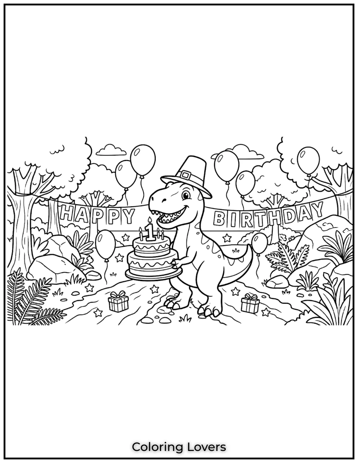 It’s dino’s birthday with balloons and cake! 