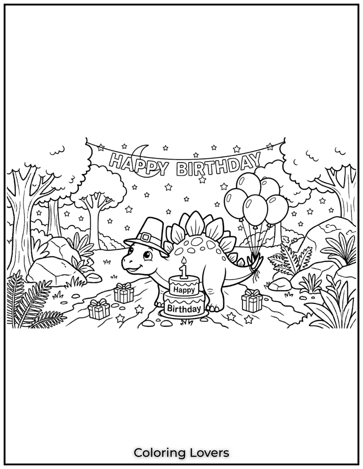 It’s party time with this joyful dinosaur enjoying cake and balloons. 