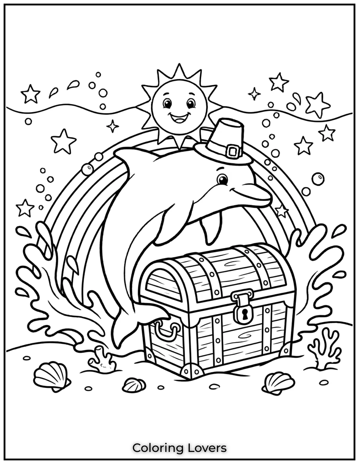 Cute and Easy Dolphin Coloring Pages 18 Look at this curious dolphin discovering a treasure chest!