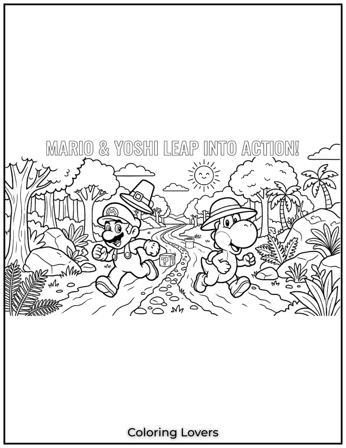 Mario and Yoshi leap into action alongside. Power up your coloring