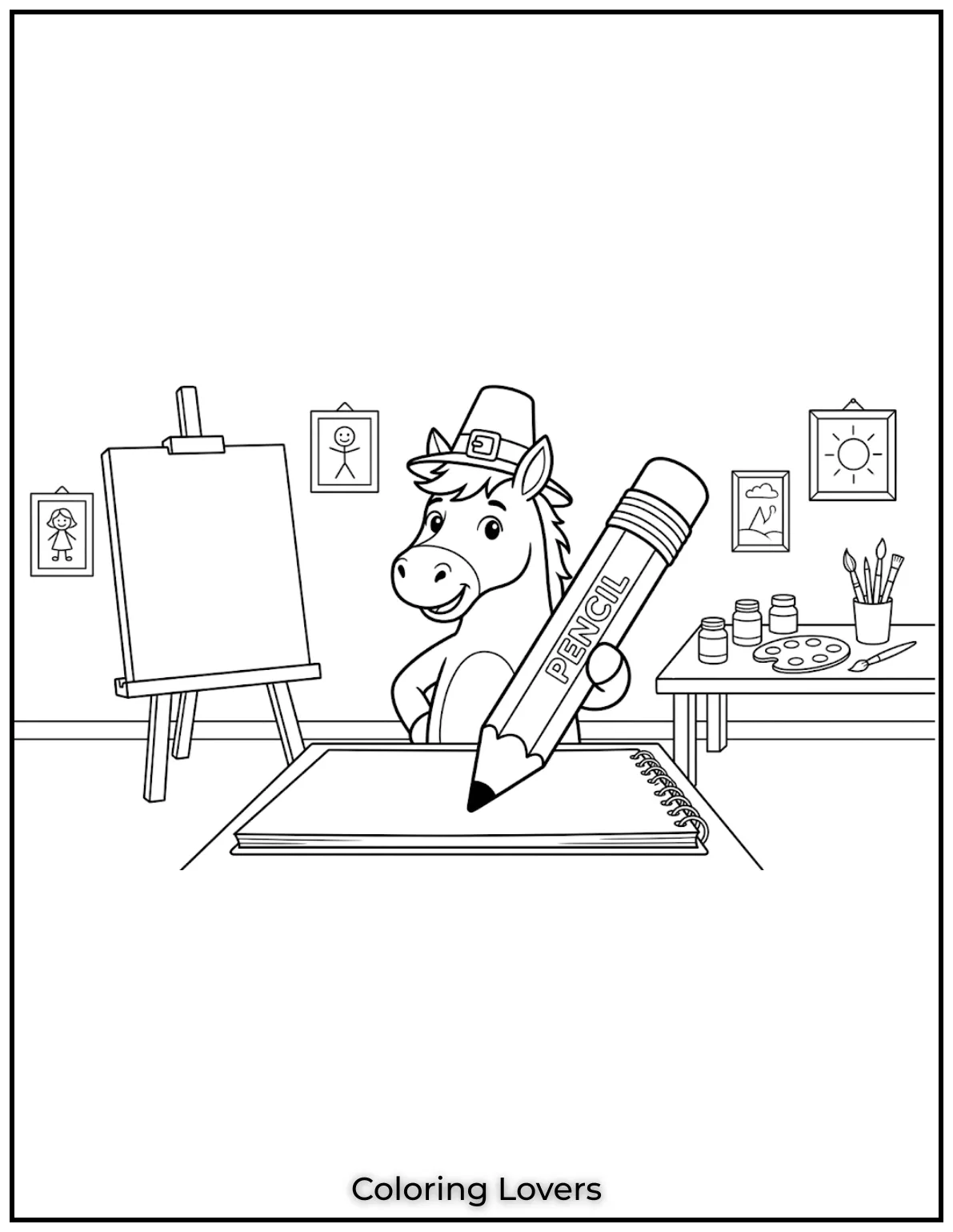 Beautiful Coloring Pages of Horses for Kids and Adults 30 Our clever horse is ready to create some art with that giant pencil. It’s a playful and creative scene to color.