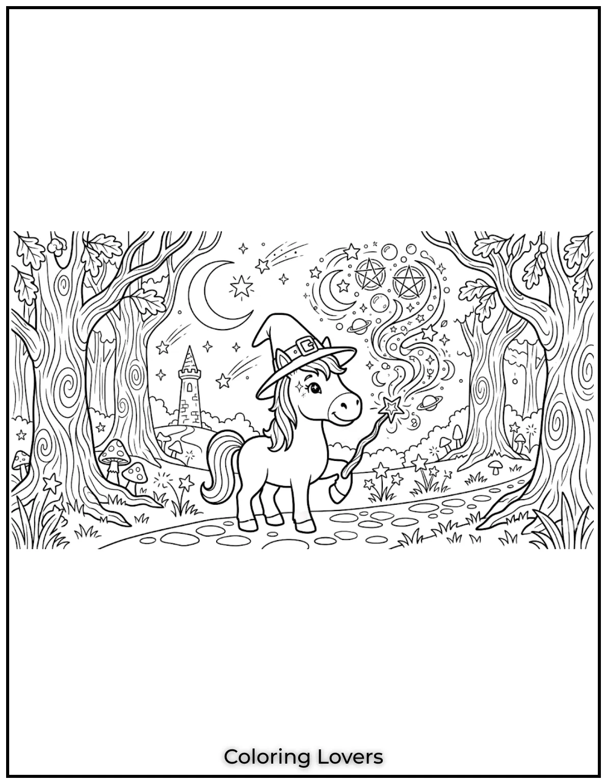 Beautiful Coloring Pages of Horses for Kids and Adults 16 Our little wizard horse is casting magical spells with a twinkle in its eye.