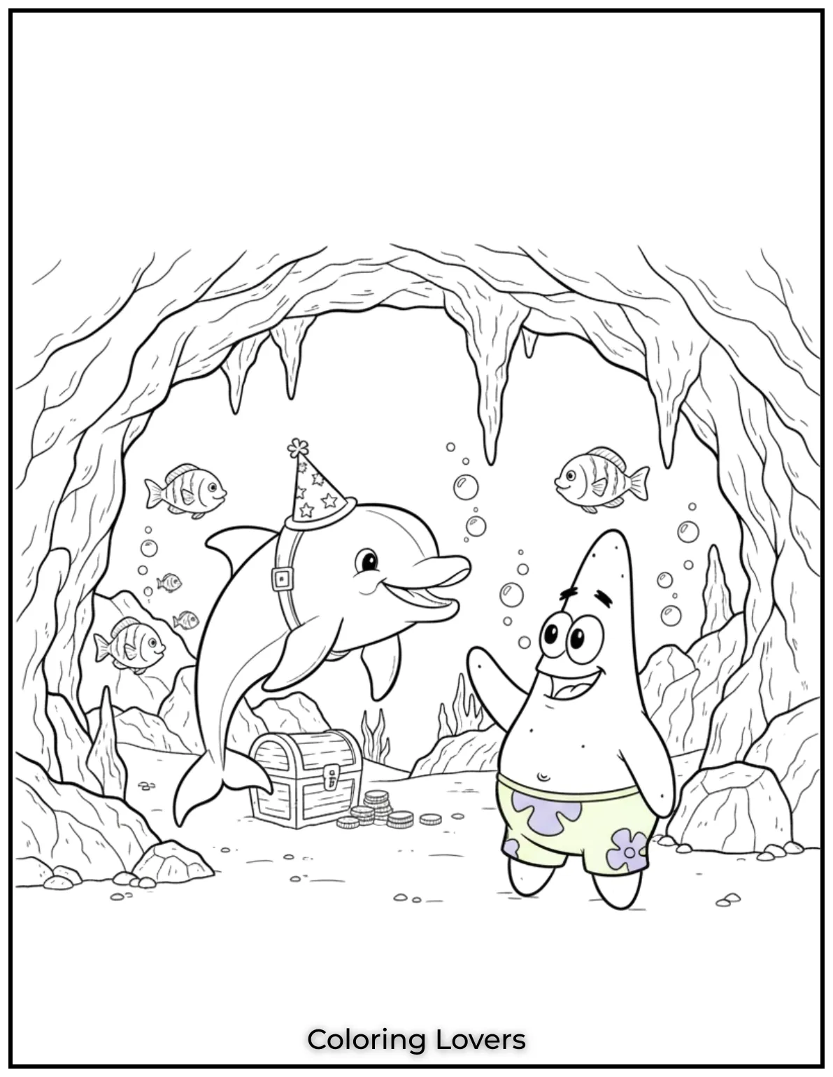 Cute and Easy Dolphin Coloring Pages 37 Patrick has found a dolphin friend while exploring an underwater cave colorful creativity..