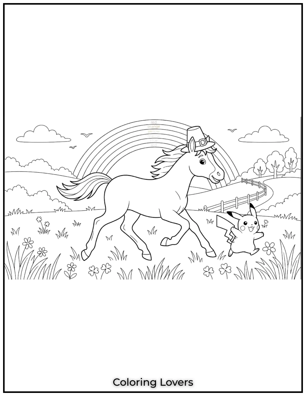 Beautiful Coloring Pages of Horses for Kids and Adults 21 Pikachu and his new horse friend are enjoying a colorful day under a rainbow amazing coloring page